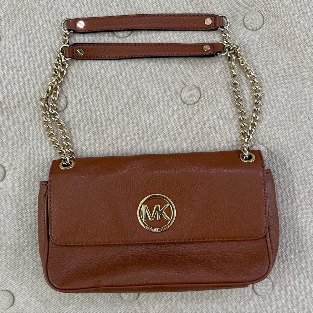 Michael Kors Cognac Pebbled Leather Shoulder Bag with Gold Chain